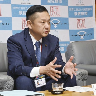 Hiroyasu Chiyomatsu, mayor of Izumisano in Osaka Prefecture, explains the policy of setting up a “baby hatch,” which enables parents to anonymously leave infants they are unable to care for, May 29, 2025.