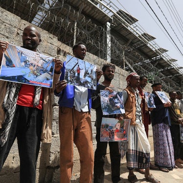 Members of Yemen's African community protest against a US airstrike that hit a migrant detention center in Saada, Yemen, May 11, 2025.