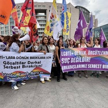 Demonstrators assemble on September 15, 2026, outside the Istanbul courthouse to protest the arrests of LGBT activists and raids on LGBT rights associations in cities across Türkiye. More than 100 demonstrators were also arrested and detained for more than 24 hours. 