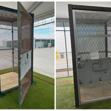 A small metal enclosure which was used to hold detainees, reportedly for up to two hours, as seen during an unannounced inspection by the Department of Homeland Security Office of Inspector General (DHS OIG) at ICE's now-closed immigration detention center Florida Soft-Sided Facility (FSSF) also known as Alligator Alcatraz, in Ochopee, Florida, January 21, 2026.