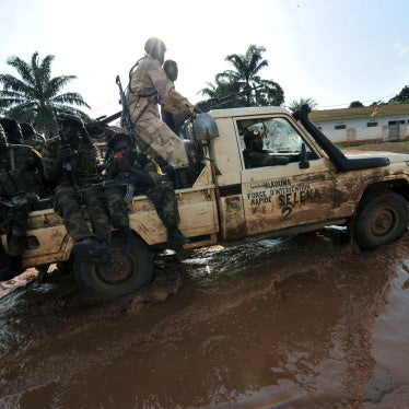 Seleka forces patrol a street of Bangui in a truck