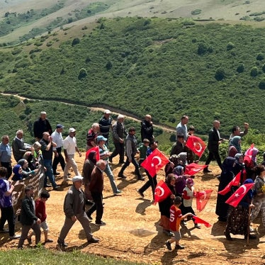 Local residents of Perşembe Plateau and representatives of environmental organizations stage a protest against gold mining exploration in the area, July 19, 2026. 
