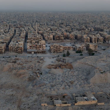An aerial view of a damaged area of Damascus where the debris from collapsed buildings is being turned into sand, gravel, and bricks to reuse as construction materials to restore areas affected by Syria’s civil war, November 2, 2025. 