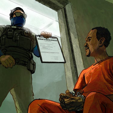 Illustration of an ICE agent standing over a detainee holding a form for signature