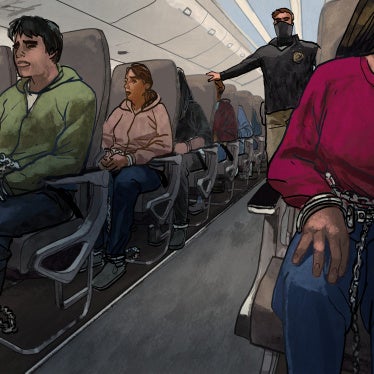 Illustration of shackled men and women seated in an airplane