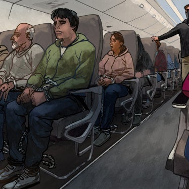 Illustration of shackled men and women seated in an airplane