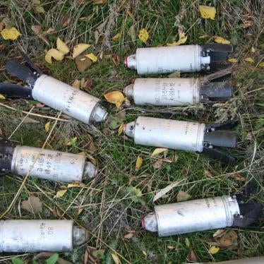 Photo of 9N235 submunitions that failed to explode during a cluster munition attack collected and displayed in Starobesheve, photo taken on October 11, 2014. © 2015 Human Rights Watch