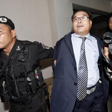 Senator Hong Sok Hour of the opposition Sam Rainsy Party (SRP) arrives at the Municipal Court of Phnom Penh in Cambodia on August 15, 2015.