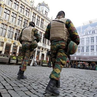 Belgian soldiers patrol the Grand Place in central Brussels after security was tightened in Belgium following the terrorist attacks in Paris, France.