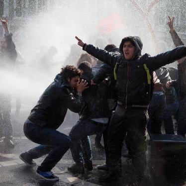 Police use water cannons to break up an unsanctioned peaceful rally in Baku on March 10, 2013 to protest the noncombat death of a military conscript and abuses in the army.