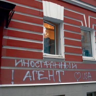 On the night before the “foreign agents” law came into force, unknown individuals sprayed graffiti reading, “Foreign Agent! ♥USA” on the buildings hosting the offices of three prominent NGOs in Moscow, including Memorial (pictured here). 