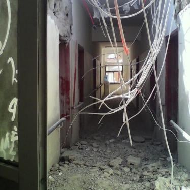 A corridor in the the al-Noor Center for the Blind sustained damage from a Saudi-coalition airstrike in Sanaa, Yemen on January 5, 2016. © 2016 Abdullah Qaid/Human Rights Watch