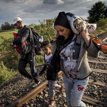 新抵达的难民家庭沿着塞尔维亚的铁路轨道行走，目的地是匈牙利的勒斯凯收容点，从那里他们会被载往临时拘留营。摄于 2015年9月8日。