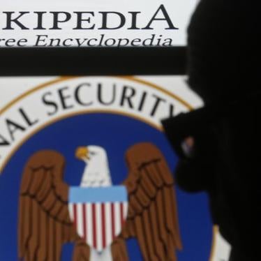 A man is silhouetted near logos of the U.S. National Security Agency (NSA) and Wikipedia in this photo illustration taken in Sarajevo March 11, 2015.