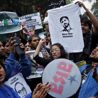 Demonstrators hold placards and a t-shirt featuring Kanhaiya Kumar during a protest demanding his release in New Delhi, India on February 18, 2016. 