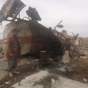 The burned remains of a fuel tanker in Arhab at the site of the water drill attack in the Sanaa governorate. The well under construction was meant to supply Beit al-Saadan, a nearby village, with  water. Human Rights Watch found no evidence of military op