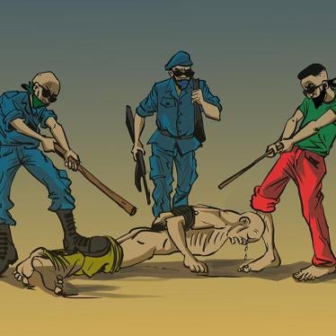 A Burundian artist’s drawing of a fictional case of policemen and an intelligence agent torturing a detainee.