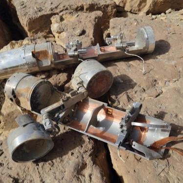 Two BLU-108 canisters, one with two skeet (submunitions) still attached, found in the al-Amar area of al-Safraa in Saada governorate, northern Yemen after an attack on April 27.