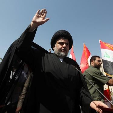 Iraqi Shia cleric Moqtada al-Sadr is seen during a protest in Baghdad on July 15, 2016. The prominent cleric published a statement on July 7, 2016 banning violence against LGBT people and those who do not conform to gender norms. 