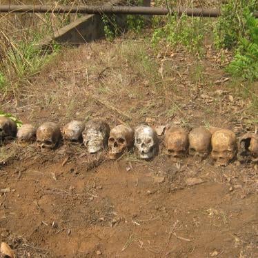 Twelve skulls discovered in a mass grave in February 2016 near a peacekeeping base in Boali, Central African Republic. The victims are believed to be individuals who were summarily executed by Republic of Congo peacekeepers on March 24, 2014.