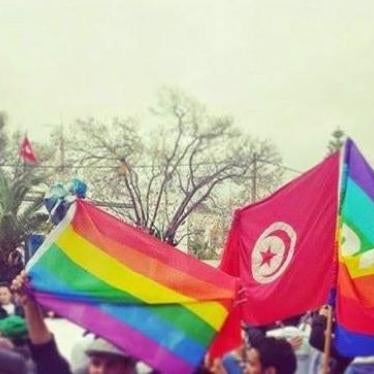 Tunisian and rainbow flags were raised at a march against terrorism during the World Social Forum in Tunis, March 2015. 