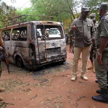 Malian soldiers survey the damage after the August 7, 2015 attack by gunmen in Sévaré, a garrison town 600 kilometers northeast of Bamako, the capital. 