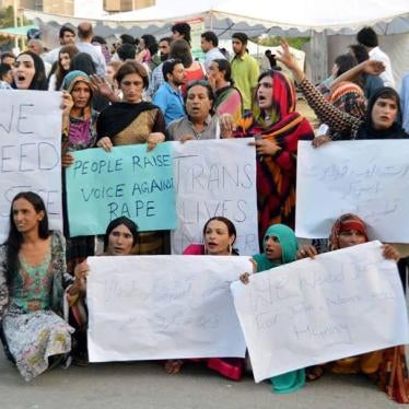 Transgender activists protest against the rape of two transgender women in Faisalabad.