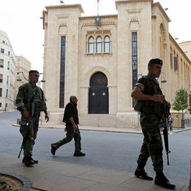 Lebanese army soldiers secure the area outside the parliament building in downtown Beirut, Lebanon. 