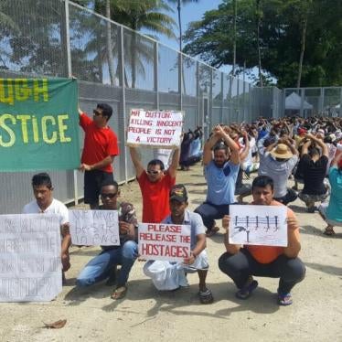 Refugees and asylum seekers protest against Australia’s offshore processing policy at a detention center on Manus Island, Papua New Guinea.