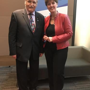 Lieutenant-General Roméo Antonius Dallaire (L) and Canada's International Development Minister Marie-Claude Bibeau following the announcement that Canada would sign the Safe Schools Declaration, February 21, 2017.