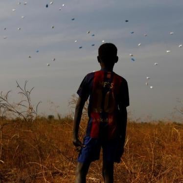 A boy watches sacks of food drop to the ground during a United Nations World Food Programme (WFP) airdrop close to Rubkuai village in Unity State, northern South Sudan, February 18, 2017.