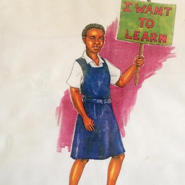Drawing of a female student holding a placard that says “I want to learn” found in Boitumelo Special School in Kimberley, South Africa.