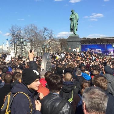 Protesters assembled around Pushkinskaya Square in Moscow on March 26, 2017. 