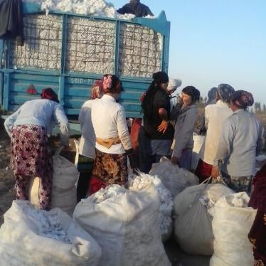 Women carrying bags of cotton to be weighed and loaded onto a truck in Jizzakh region during the 2016 cotton harvest. The government typically requires people to meet a daily quota of cotton picked, from which the costs of food and transport are deducted.