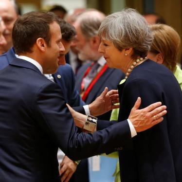 British Prime Minister Theresa May and French President Emmanuel Macron attend the EU summit in Brussels, Belgium, June 22, 2017.
