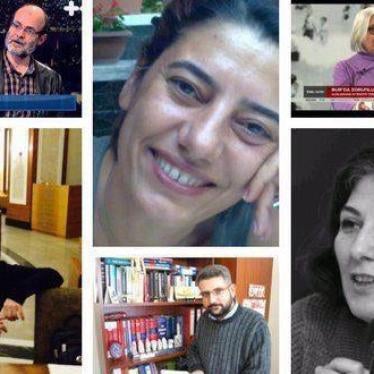 Human rights defenders detained by police in Istanbul on July 5, 2017. From bottom left: Nalan Erkem; Nejat Taştan; İlknur Üstün, İdil Eser, Özlem Dalkıran, Günal Kurşun.