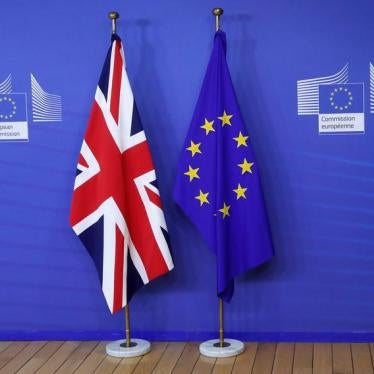 Flags are seen at the EU Commission headquarters ahead of a first full round of talks on Brexit, Britain's divorce terms from the European Union, in Brussels, Belgium July 17, 2017. 