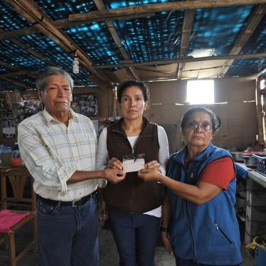 Antenor Hoyos Cubas and María Concepción Sagastegui Tapia, with their daughter, at their home in the outskirts of Lima, Peru, May 2017. Soldiers forcibly disappeared the couple’s son Nelson in June 1992.