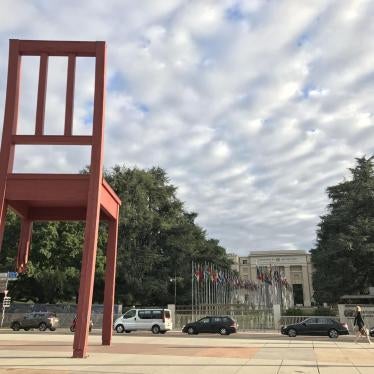The Broken Chair, a statue in support of the bans on landmines and cluster munitions, stands outside the United Nations in Geneva.