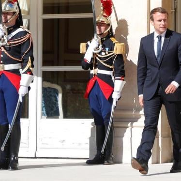 French President Emmanuel Macron waits for a guest outside the Elysee Palace in Paris, France, September 15, 2017. 