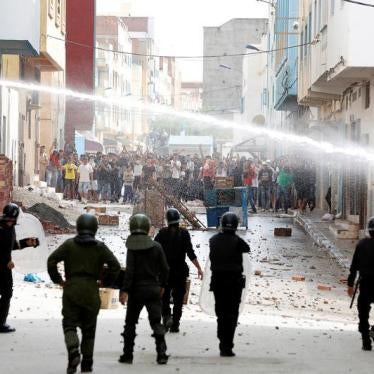 Moroccan police fires water cannon at protesters demonstrating in the Rif region town of Imzouren, Morocco, June 2, 2017. 
