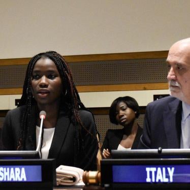 Joy Bishara is seated next to Inigo Lambertini, Ambassador Deputy PR of Italy to the United Nations, during a special “Arria formula briefing” about attacks on schools and education at the United Nations, October 13, 2017.