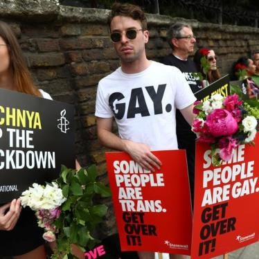 Campaigners protest for LGBT rights in Chechnya outside the Russian embassy in London, Britain, June 2, 2017.