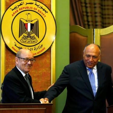 French Foreign Minister Jean-Yves Le Drian shakes hand with Egyptian Foreign Minister Sameh Shoukry after their joint news conference in Cairo, Egypt June 8, 2017. 