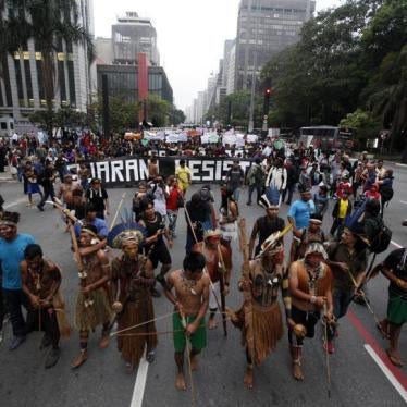 Indigenous Indians from various parts of Brazil take part in a demonstration against proposed constitutional amendment PEC 215, which amends the rules for demarcation of indigenous lands, in Sao Paulo, October 2, 2013. 