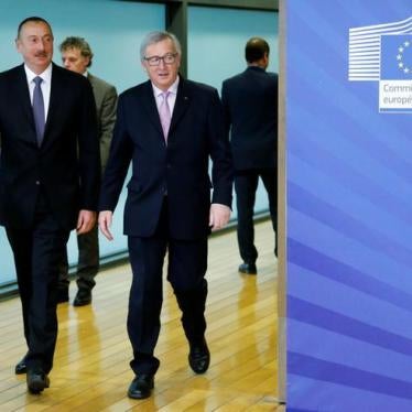 Azerbaijan's President Ilham Aliyev (L) arrives for a meeting with European Commission President Jean-Claude Juncker at the EU Commission headquarters in Brussels, Belgium on February 6, 2017. 