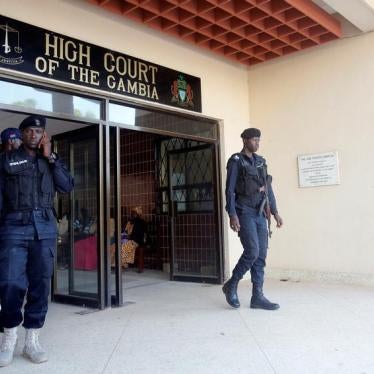 Security forces stand next to the entrance of the Gambian high court in Banjul on December 5, 2016.