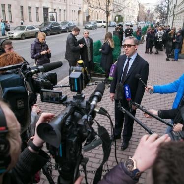 Yaroslav Sivulsky, member of the Managerial center of the JW, gives interview after the court hearing in the Supreme Court on April 7, 2017, Moscow.