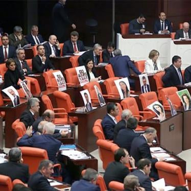 Photographs of members of parliament from the opposition Peoples’ Democratic Party (HDP) displayed in the general assembly of Turkey’s parliament after the MPs were detained and jailed in November 2016 