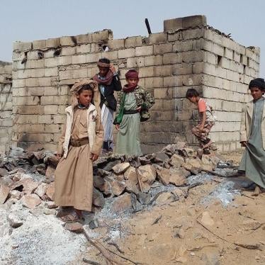 Children outside one of the homes that was damaged during the US raid in al-Bayda governorate in central Yemen against AQAP on January 29, 2017. At least 14 civilians, including 9 children, were killed during the raid, and at least 20 homes damaged, witne